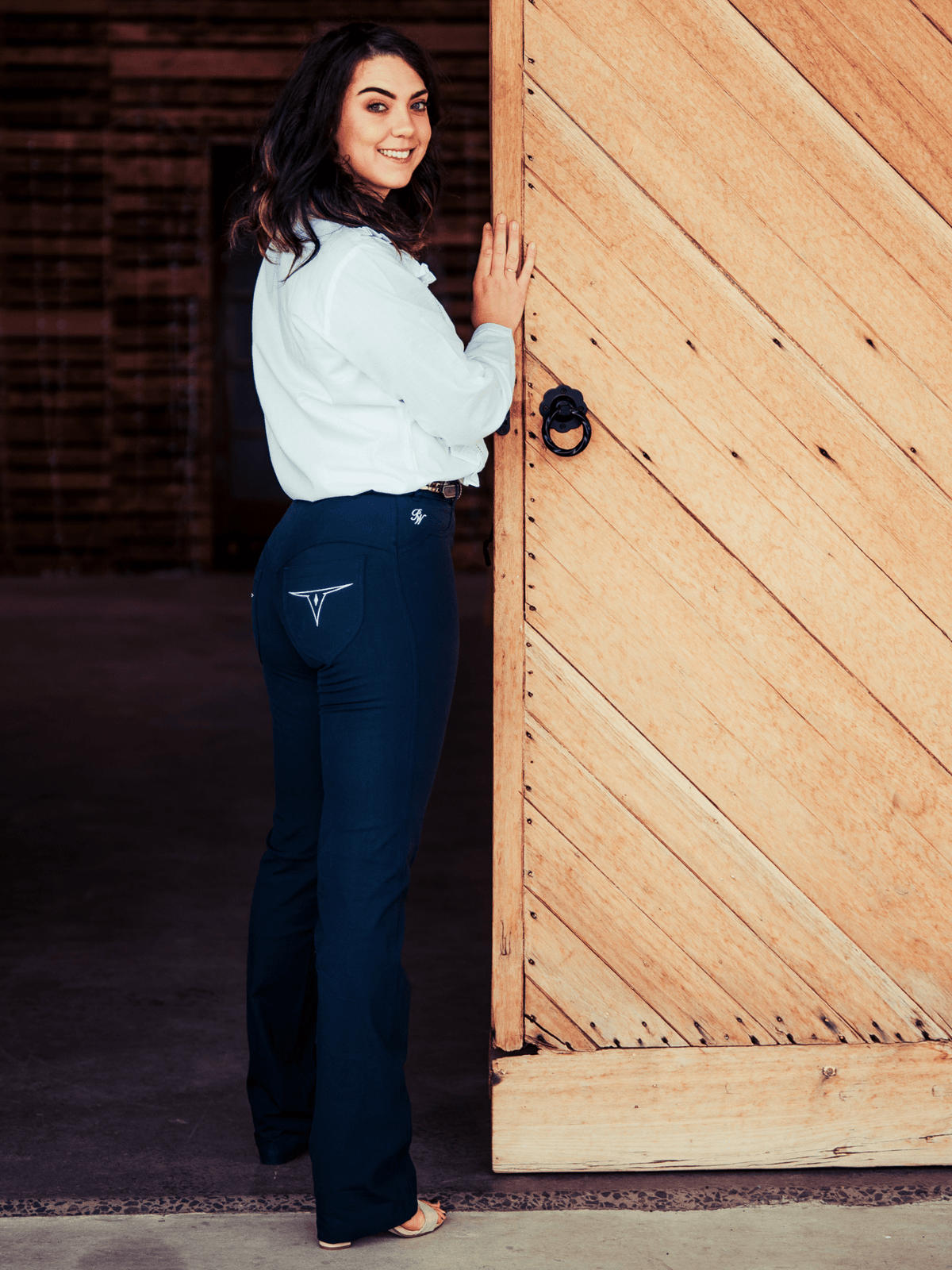Navy western riding jeans designed for stock horse and rodeo wear