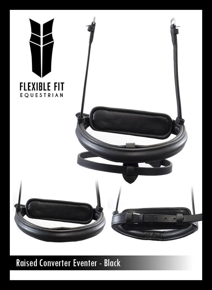 STRAIGHT RAISED PLAIN CONVERTER EVENTER - BLACK SNAFFLE/DOUBLE NOSEBAND - Flexible Fit Equestrian Australia