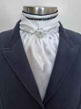 ERA Elle Stock Tie - Soft Ties with black & clear crystal trim, piping and Brooch
