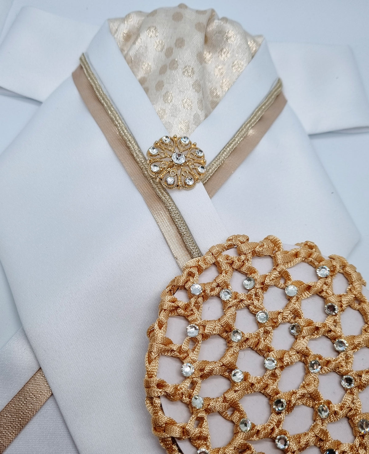 ERA RACHAEL STOCK TIE - White satin with gold metallic spot brocade, trim, piping and brooch