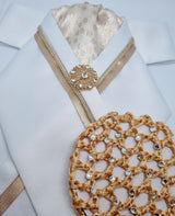 ERA RACHAEL STOCK TIE - White satin with gold metallic spot brocade, trim, piping and brooch
