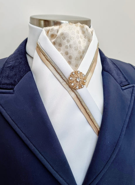 ERA RACHAEL STOCK TIE - White satin with gold metallic spot brocade, trim, piping and brooch