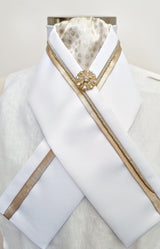 ERA RACHAEL STOCK TIE - White satin with gold metallic spot brocade, trim, piping and brooch
