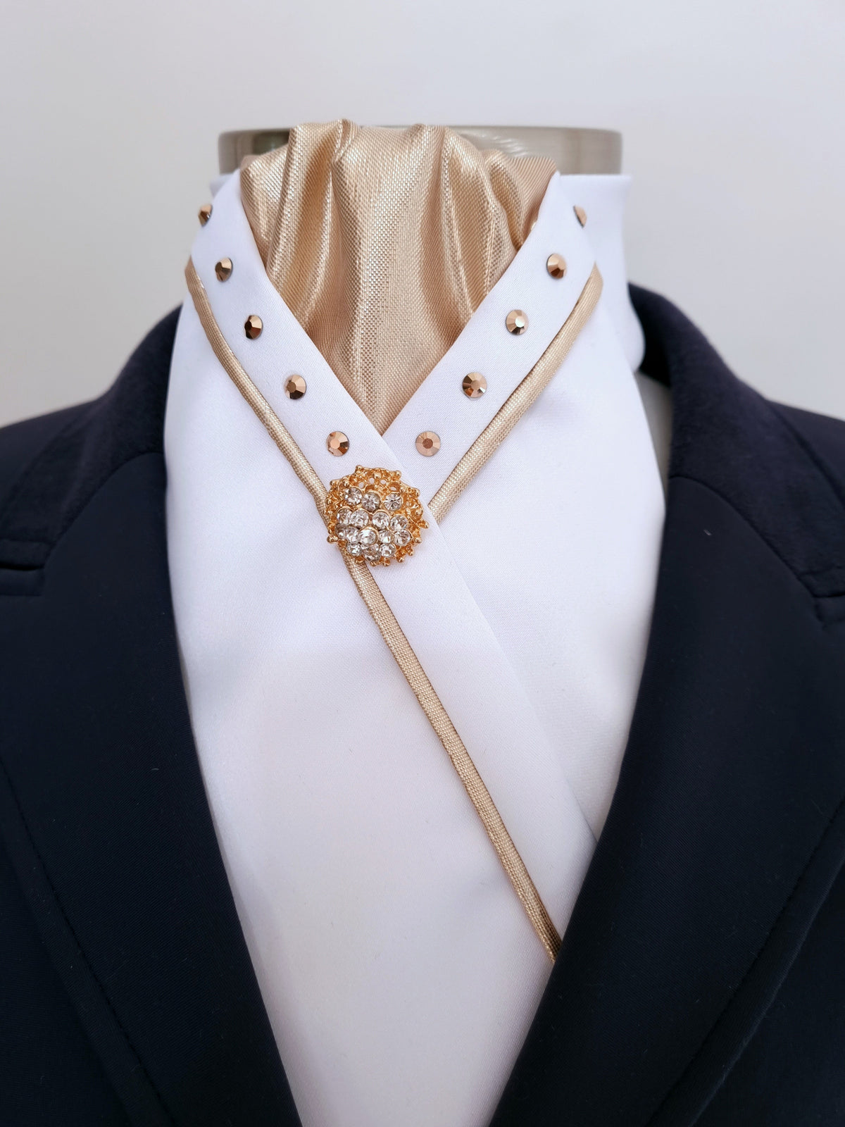 ERA SOPHIE STOCK TIE - White & metallic gold with matching piping, gold crystals & brooch