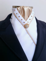 ERA SOPHIE STOCK TIE - White & metallic gold with matching piping, gold crystals & brooch