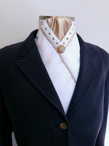 ERA SOPHIE STOCK TIE - White & metallic gold with matching piping, gold crystals & brooch
