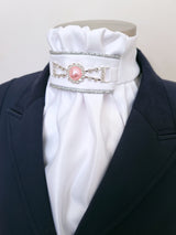 ERA EURO REGAL ISABEL STOCK TIE - White satin, silver piping, pink pearl embellishment