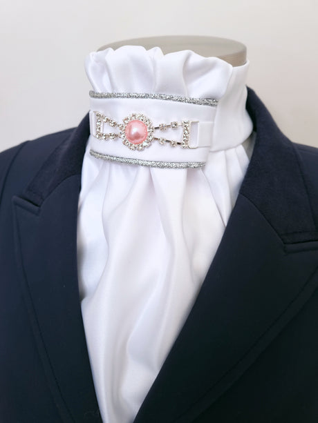 ERA EURO REGAL ISABEL STOCK TIE - White satin, silver piping, pink pearl embellishment