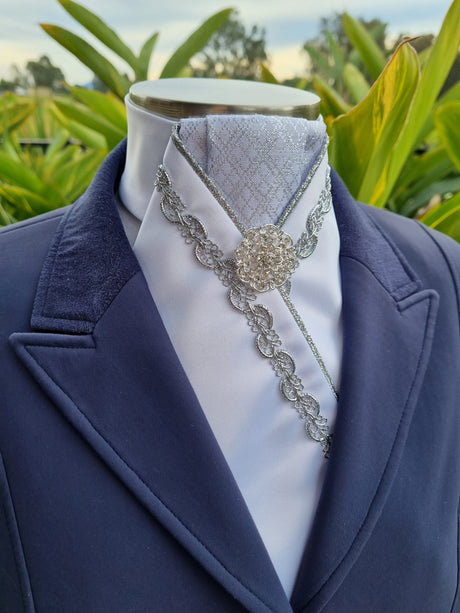 ERA ALEX STOCK TIE - White satin, silver pleated brocade, silver piping, silver Wave trim and brooch