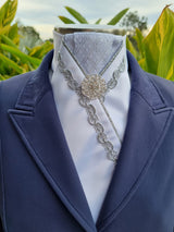 ERA ALEX STOCK TIE - White satin, silver pleated brocade, silver piping, silver Wave trim and brooch