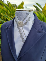 ERA ALEX STOCK TIE - White satin, silver pleated brocade, silver piping, silver Wave trim and brooch