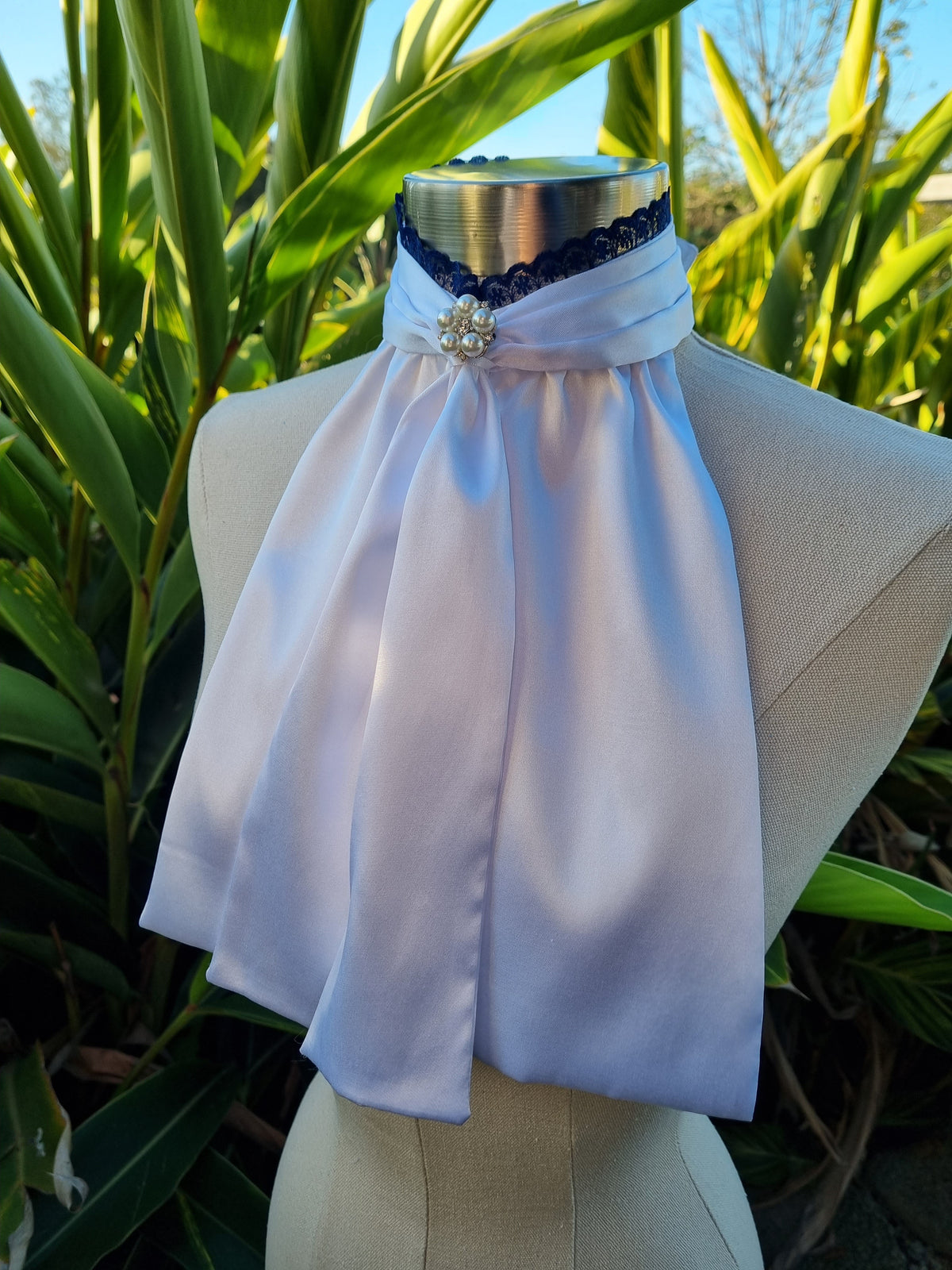 EURO BELLE STOCK TIE - White lustre satin with navy lace trim & pearl brooch