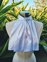EURO BELLE STOCK TIE - White lustre satin with black lace trim & silver brooch