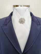 ERA ALEX Stock Tie - White satin with pleated centre & crystal brooch