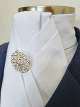 ERA ALEX Stock Tie - White satin with pleated centre & crystal brooch