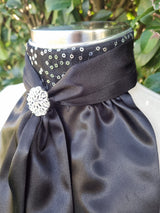 ERA Elle Stock Tie - Black Satin with Soft Ties and Black Sequined insert and Brooch
