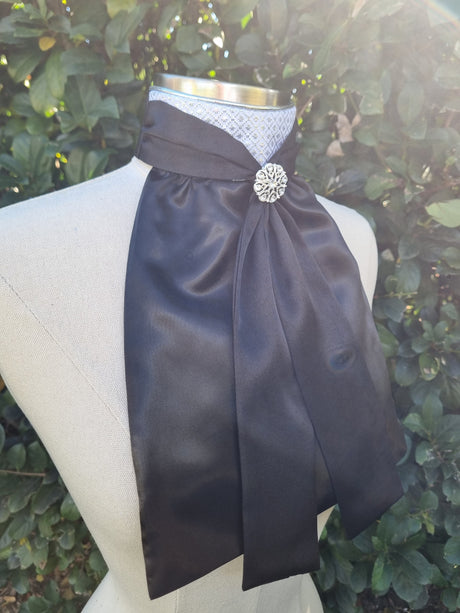 ERA Elle Stock Tie - Black Satin with Soft Ties and Diamond Brocade insert & brooch