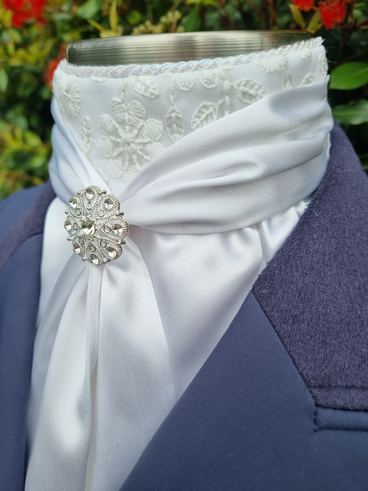 ERA ELLE Pre-tied Stock Tie - White satin Soft Ties with Embroidered Centre and silver brooch
