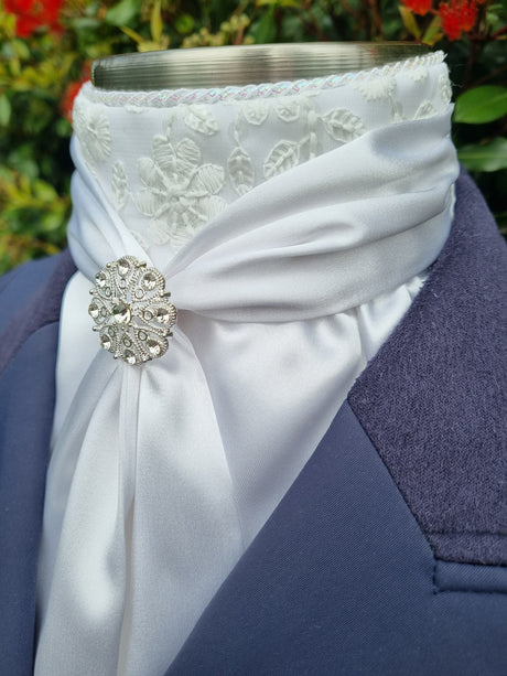 ERA ELLE Pre-tied Stock Tie - White satin Soft Ties with Embroidered Centre and silver brooch
