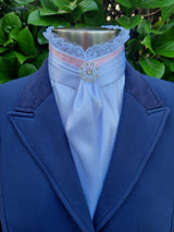 EURO BELLE STOCK TIE - White lustre satin with pink ribbon & lace trim, silver brooch