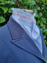 EURO BELLE STOCK TIE - White lustre satin with pink ribbon & lace trim, silver brooch