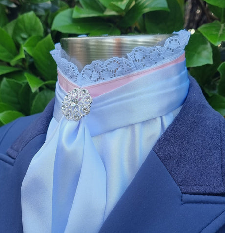 EURO BELLE STOCK TIE - White lustre satin with pink ribbon & lace trim, silver brooch