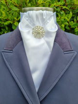 ERA DEB STOCK TIE - White satin with lace trim, rose gold & clear crystals & brooch