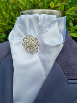 ERA DEB STOCK TIE - White satin with lace trim, rose gold & clear crystals & brooch