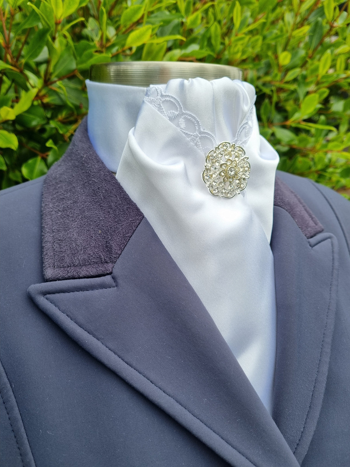 ERA DEB STOCK TIE - White satin with lace trim, rose gold & clear crystals & brooch