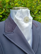 ERA DEB STOCK TIE - White satin with lace trim, rose gold & clear crystals & brooch