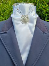 ERA DEB STOCK TIE - White satin with lace trim, rose gold & clear crystals & brooch