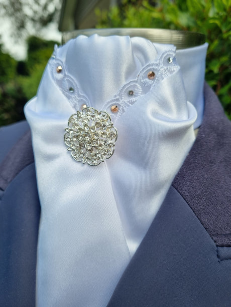ERA DEB STOCK TIE - White satin with lace trim, rose gold & clear crystals & brooch