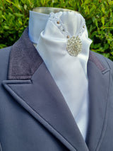 ERA DEB STOCK TIE - White satin with lace trim, rose gold & clear crystals & brooch