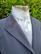 EURO BELLE STOCK TIE - White lustre satin with pink & white lace & brooch