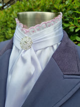 EURO BELLE STOCK TIE - White lustre satin with pink & white lace & brooch