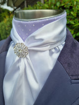ERA Elle Stock Tie Plastron - White Satin with Dainty White Spot on Pale Lilac and Brooch