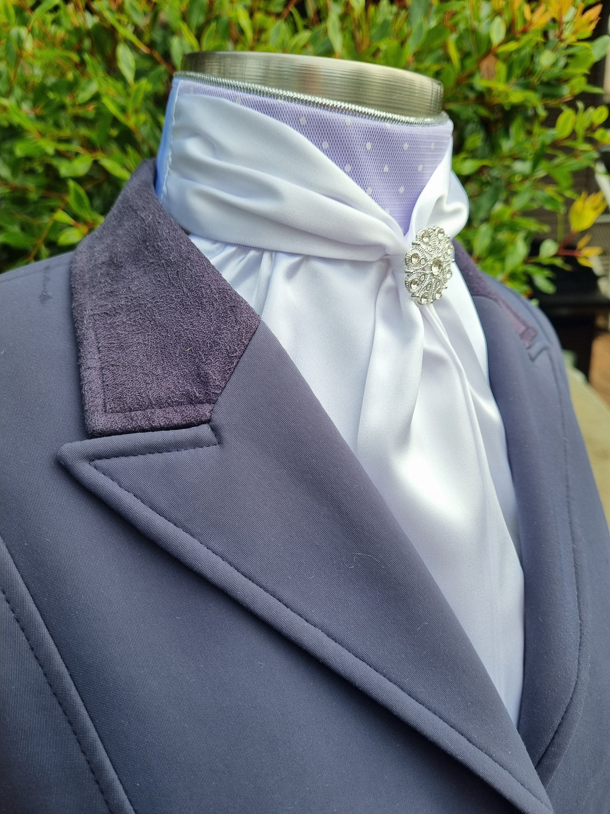 ERA Elle Stock Tie Plastron - White Satin with Dainty White Spot on Pale Lilac and Brooch
