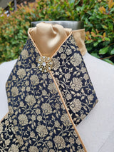 ERA Designer Collection - Pre-tied Stock Tie Plastron Black & Gold Brocade - Lotus