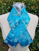 ERA Designer Collection - Pre-tied Stock Tie Plastron Turquoise Oriental Satin with Silver - Imperial