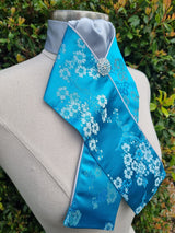 ERA Designer Collection - Pre-tied Stock Tie Plastron Turquoise Oriental Satin with Silver - Imperial