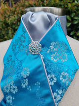 ERA Designer Collection - Pre-tied Stock Tie Plastron Turquoise Oriental Satin with Silver - Imperial