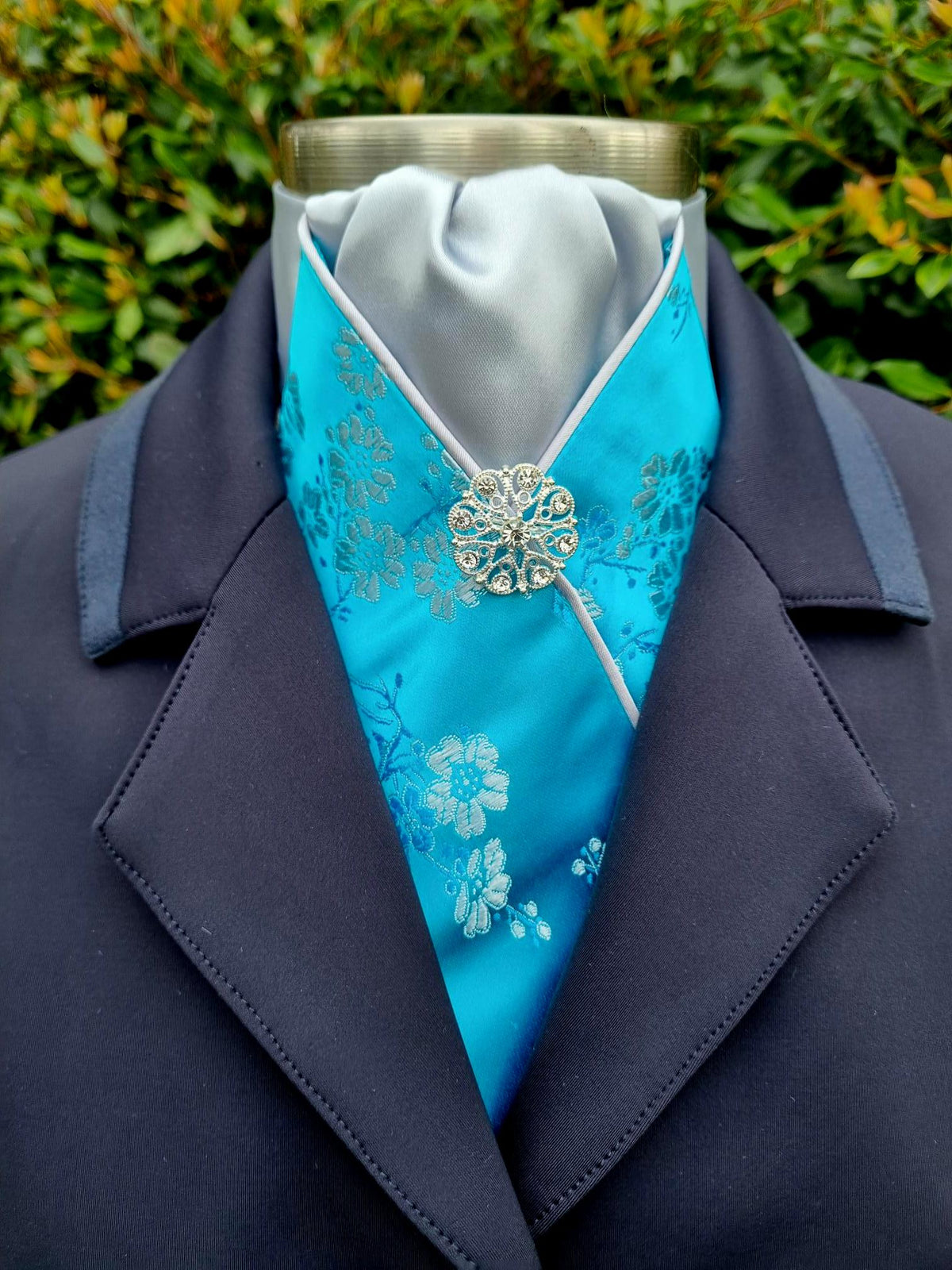 ERA Designer Collection - Pre-tied Stock Tie Plastron Turquoise Oriental Satin with Silver - Imperial