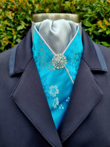 ERA Designer Collection - Pre-tied Stock Tie Plastron Turquoise Oriental Satin with Silver - Imperial