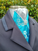 ERA Designer Collection - Pre-tied Stock Tie Plastron Turquoise Oriental Satin with Silver - Imperial