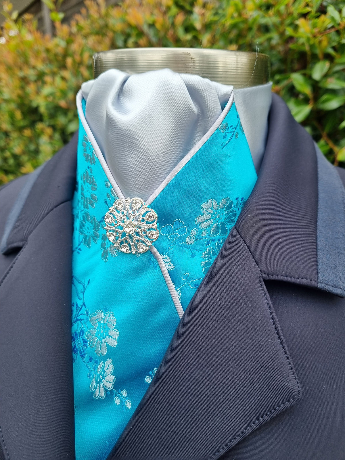 ERA Designer Collection - Pre-tied Stock Tie Plastron Turquoise Oriental Satin with Silver - Imperial