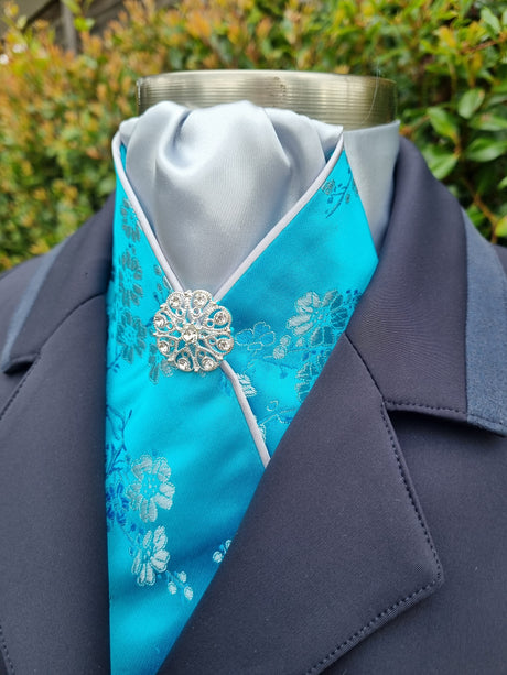 ERA Designer Collection - Pre-tied Stock Tie Plastron Turquoise Oriental Satin with Silver - Imperial