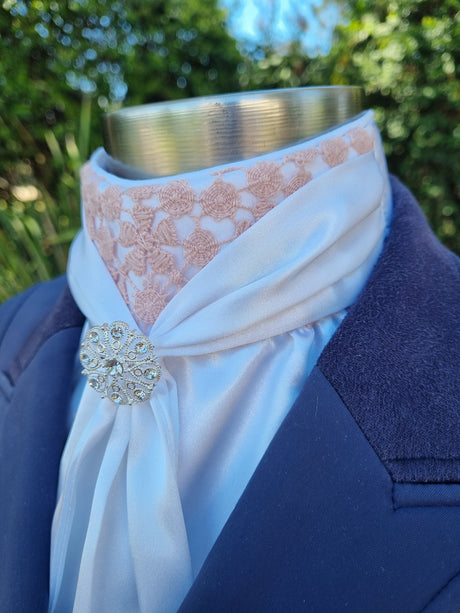 ERA Elle Pre-tied White Satin Stock Tie Plastron - Dusky Rose Lace & Brooch - 3 options