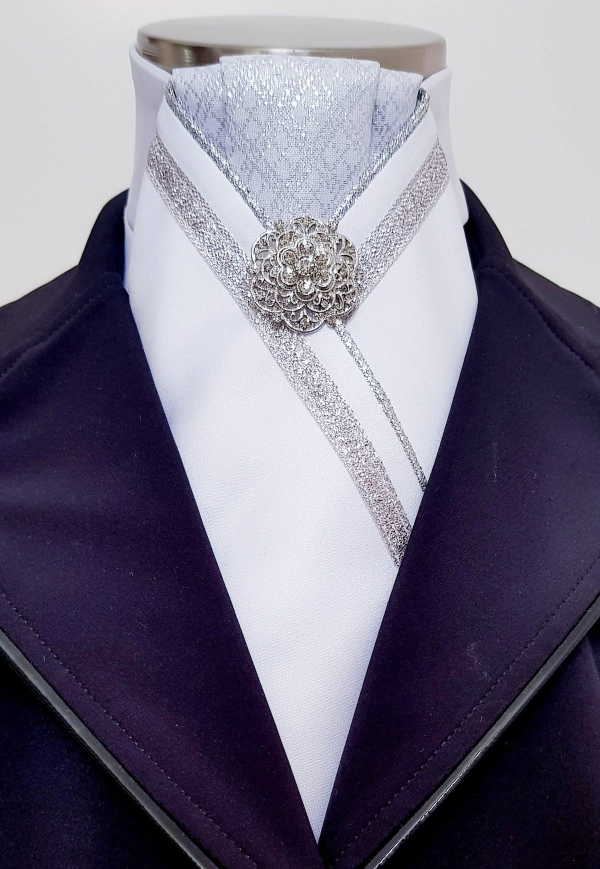 ERA ALEX STOCK TIE - White satin, silver pleated brocade, silver piping, silver trim and brooch