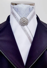 ERA ALEX STOCK TIE - White satin, silver pleated brocade, silver piping, silver trim and brooch