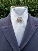 ERA ALEX Stock Tie - White satin with pleated centre & crystal brooch